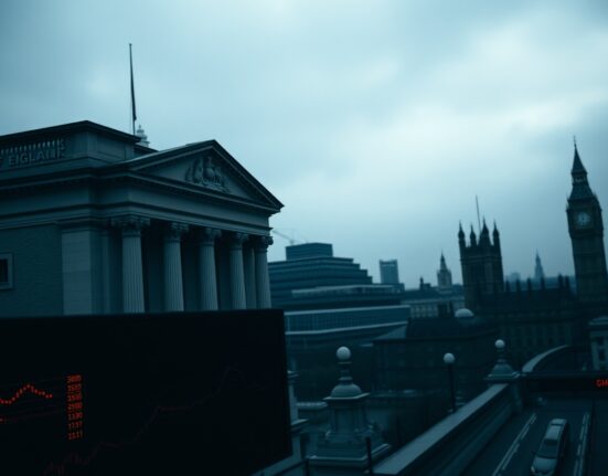 Bank of England building under overcast sky, representing UK financial market uncertainty
