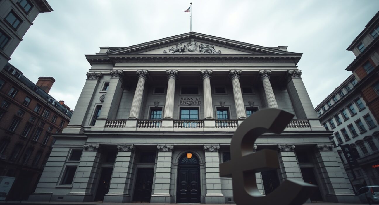 Bank of England building on a cloudy day with a soft-focus pound symbol in foreground