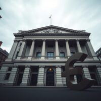 Bank of England building on a cloudy day with a soft-focus pound symbol in foreground