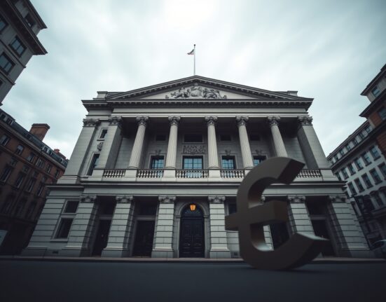 Bank of England building on a cloudy day with a soft-focus pound symbol in foreground
