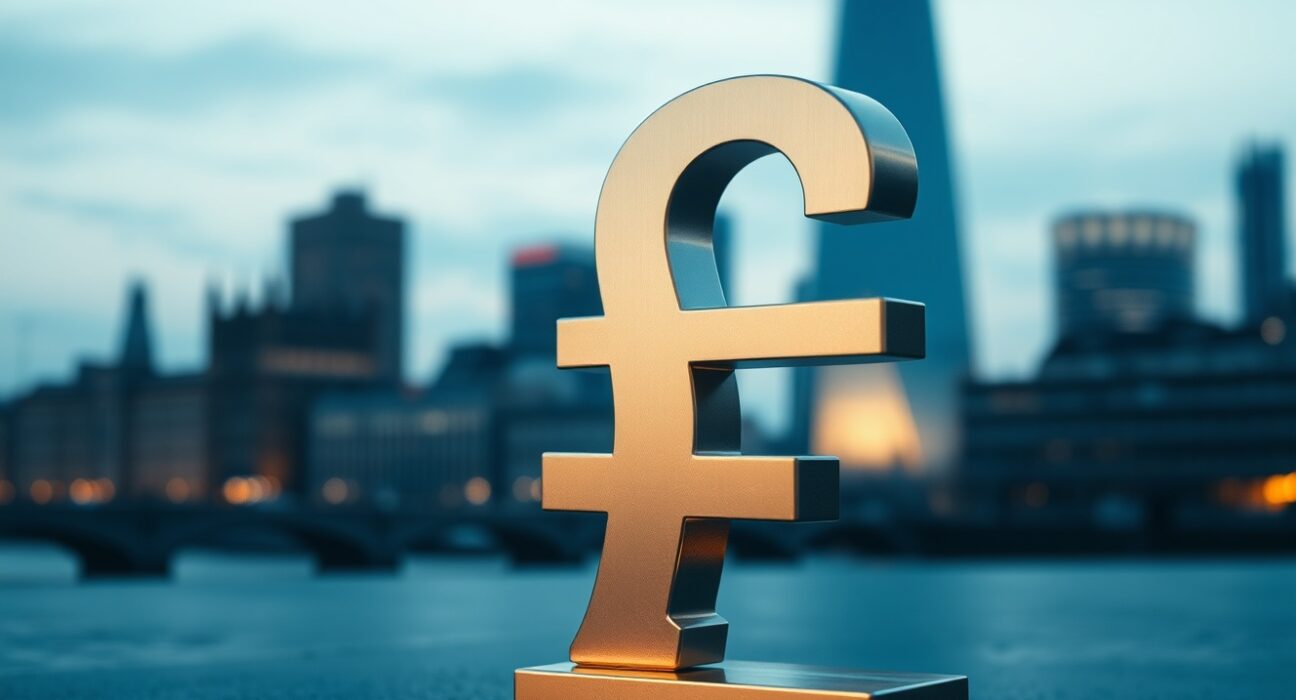 British pound sterling symbol on reflective surface with London skyline in background