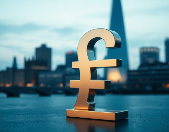 British pound sterling symbol on reflective surface with London skyline in background