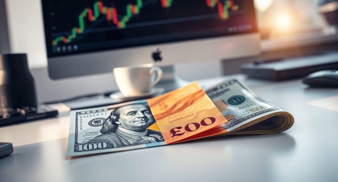 British pound and U.S. dollar banknotes on a desk with a financial chart in the background