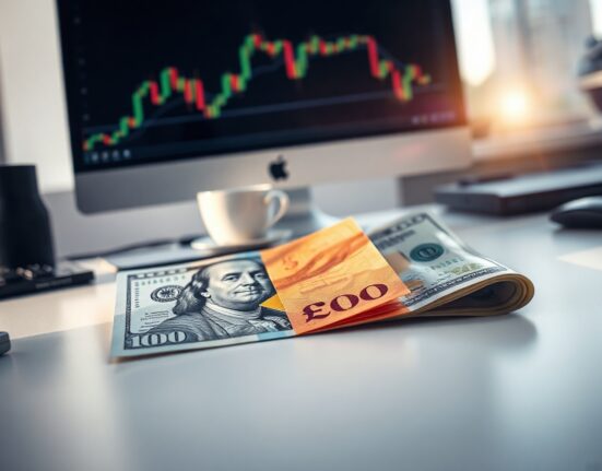 British pound and U.S. dollar banknotes on a desk with a financial chart in the background