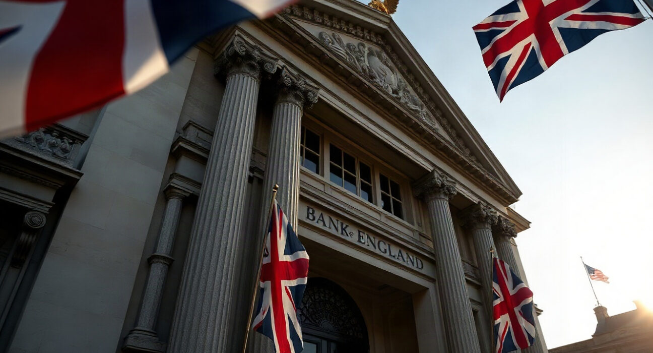 Bank of England building in London with British flag, symbolizing UK monetary policy and economic outlook.