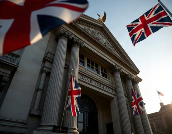 Bank of England building in London with British flag, symbolizing UK monetary policy and economic outlook.