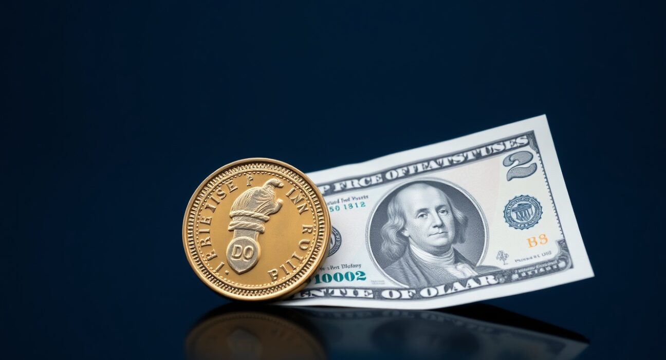 British pound coin and US dollar bill on reflective surface