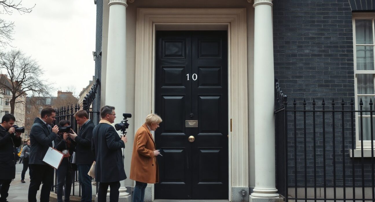 Journalists and photographers outside 10 Downing Street on a cloudy day after UK PM resignation