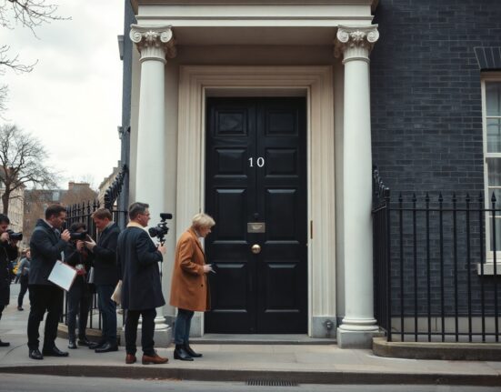 Journalists and photographers outside 10 Downing Street on a cloudy day after UK PM resignation