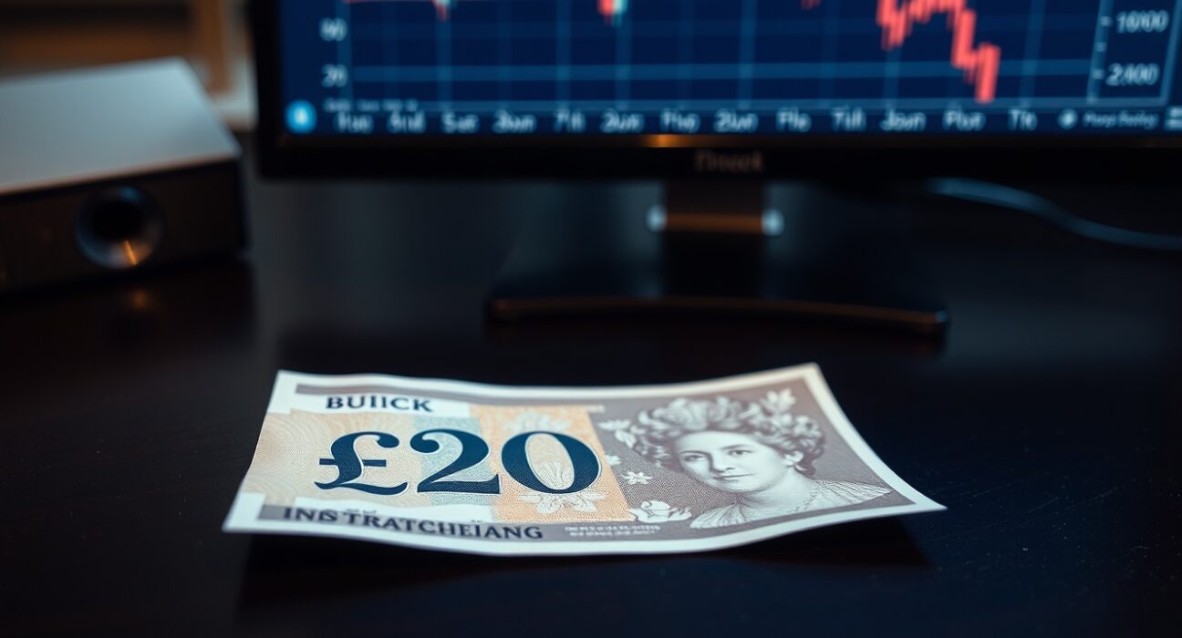 A close-up of a British £20 banknote on a desk with a blurred financial chart in the background.