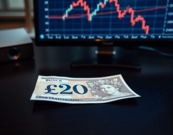 A close-up of a British £20 banknote on a desk with a blurred financial chart in the background.