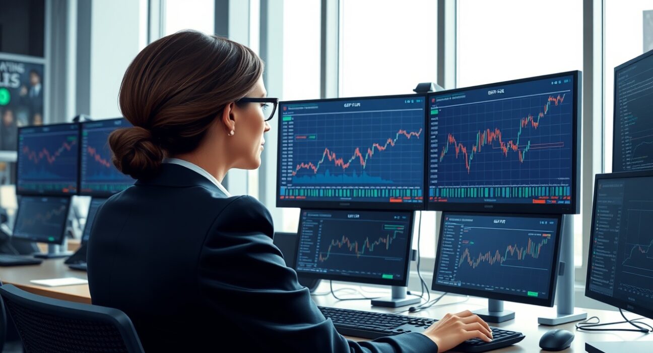 Professional trader analyzing GBP/EUR exchange rate during market deleveraging in 2025