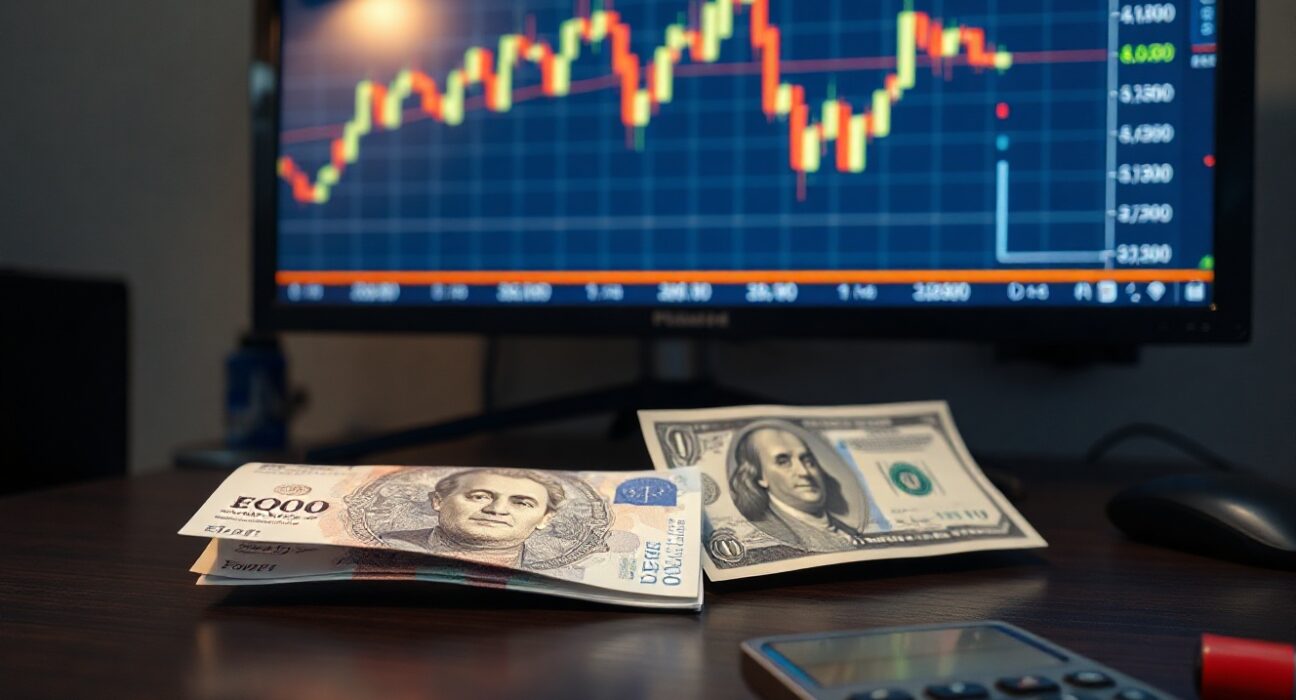 British pound and US dollar banknotes on a desk with a trading chart in the background.