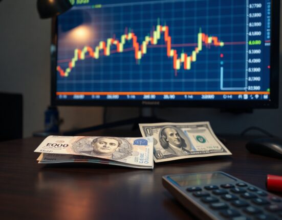 British pound and US dollar banknotes on a desk with a trading chart in the background.