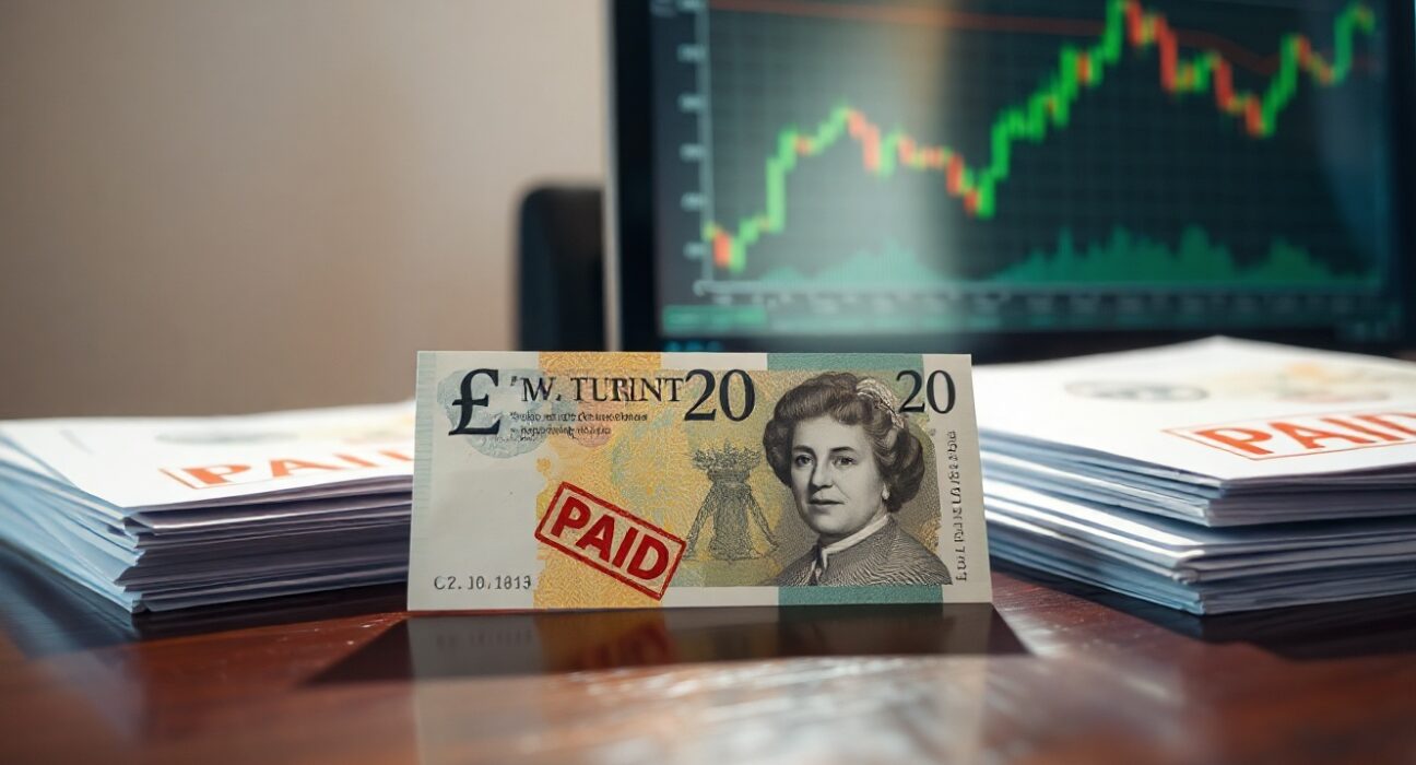 British £20 polymer banknote on a desk with financial documents and a computer screen showing charts