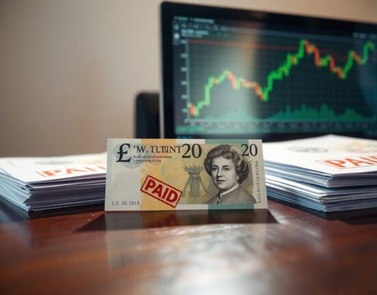 British £20 polymer banknote on a desk with financial documents and a computer screen showing charts