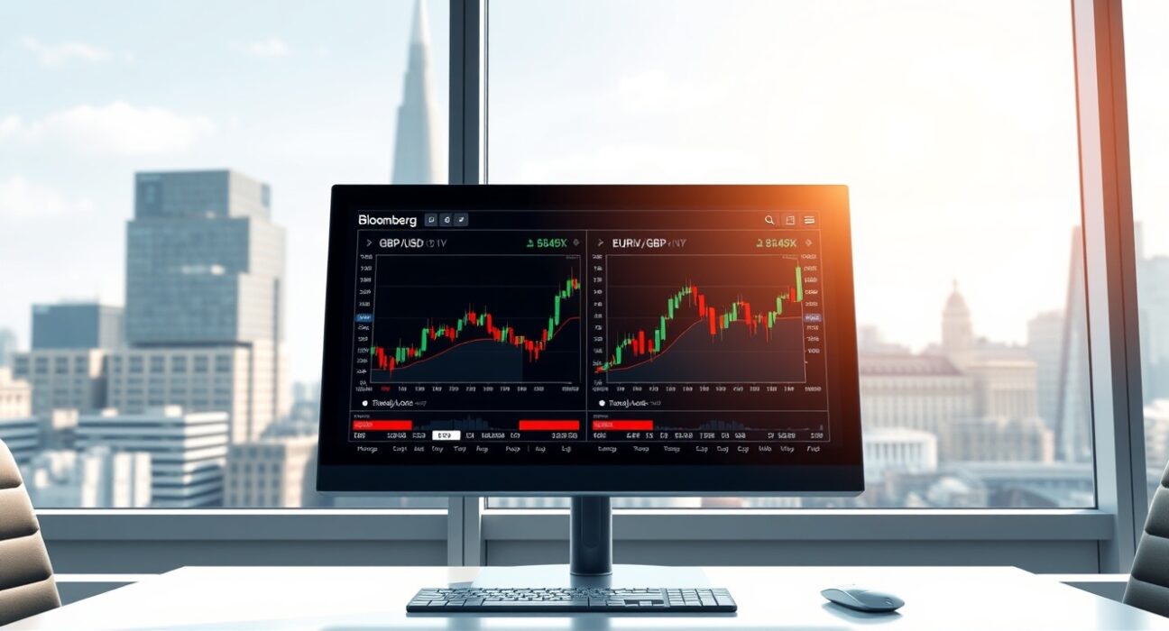 Professional forex trading desk in London showing GBP/USD and EUR/GBP exchange rate charts for sterling analysis.