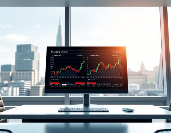 Professional forex trading desk in London showing GBP/USD and EUR/GBP exchange rate charts for sterling analysis.