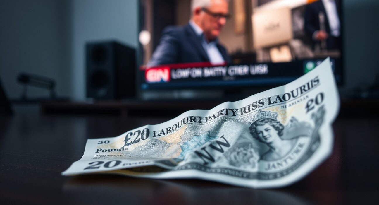 A crumpled British twenty pound note on a desk with a blurred TV screen showing a Labour crisis news headline.