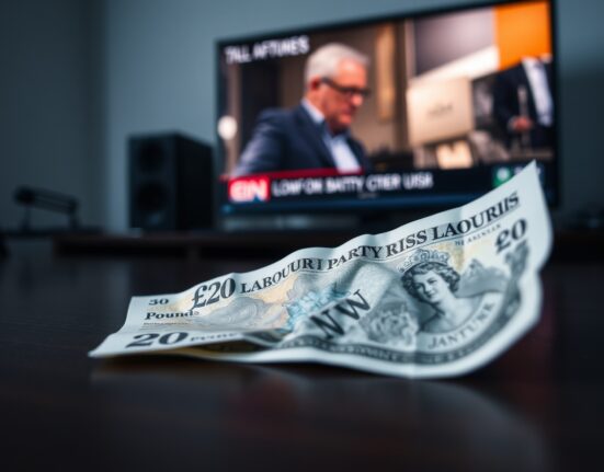 A crumpled British twenty pound note on a desk with a blurred TV screen showing a Labour crisis news headline.