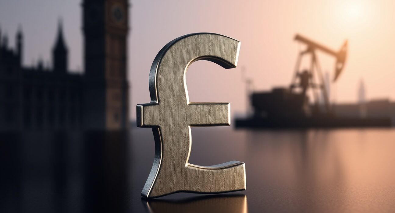 British pound sterling symbol on reflective surface with faint UK Parliament and Iran deal imagery in background