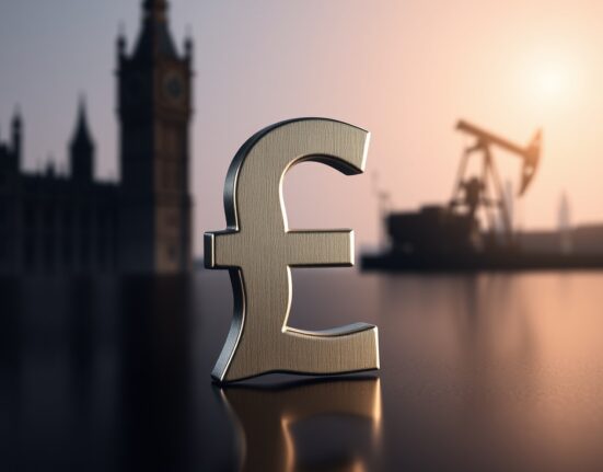 British pound sterling symbol on reflective surface with faint UK Parliament and Iran deal imagery in background