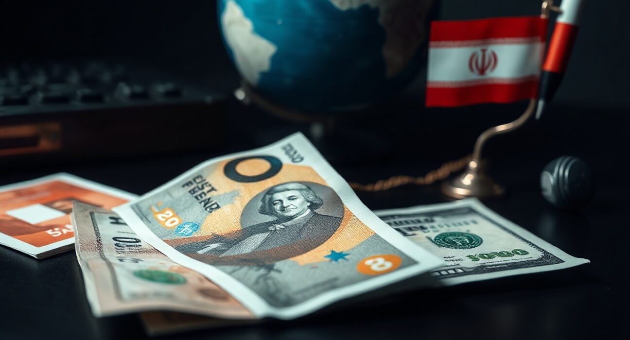 British pound and US dollar notes with Iranian flag in background symbolizing geopolitical pressure on sterling.