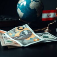 British pound and US dollar notes with Iranian flag in background symbolizing geopolitical pressure on sterling.