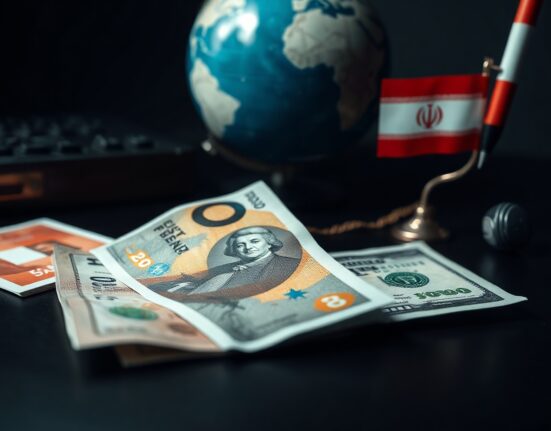 British pound and US dollar notes with Iranian flag in background symbolizing geopolitical pressure on sterling.