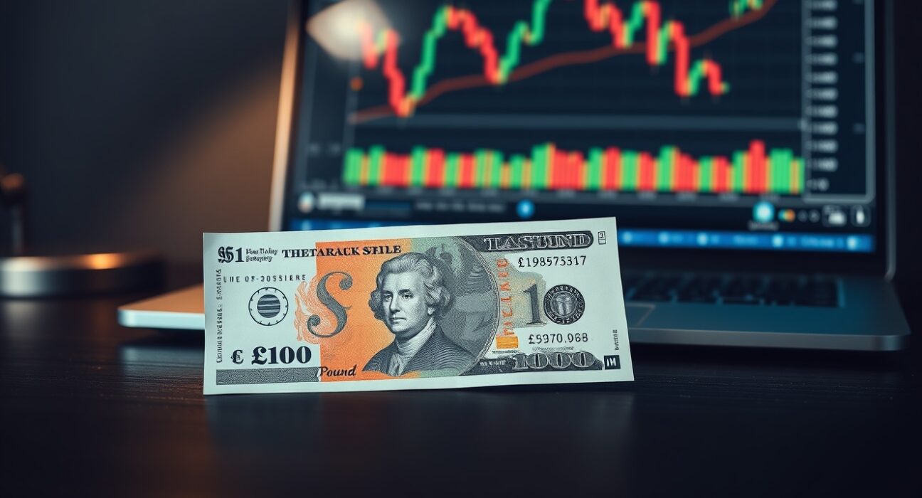British Pound and US Dollar banknotes on a desk with a laptop showing financial charts in the background