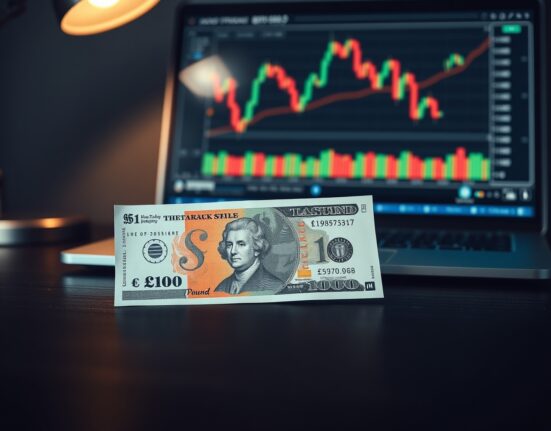 British Pound and US Dollar banknotes on a desk with a laptop showing financial charts in the background