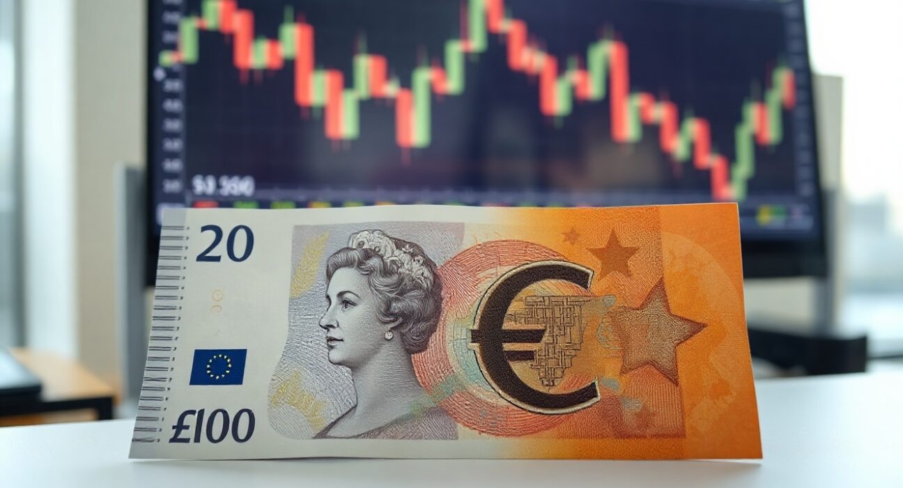 British pound and euro banknotes on a desk, representing GBP/EUR exchange rate analysis.