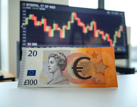 British pound and euro banknotes on a desk, representing GBP/EUR exchange rate analysis.