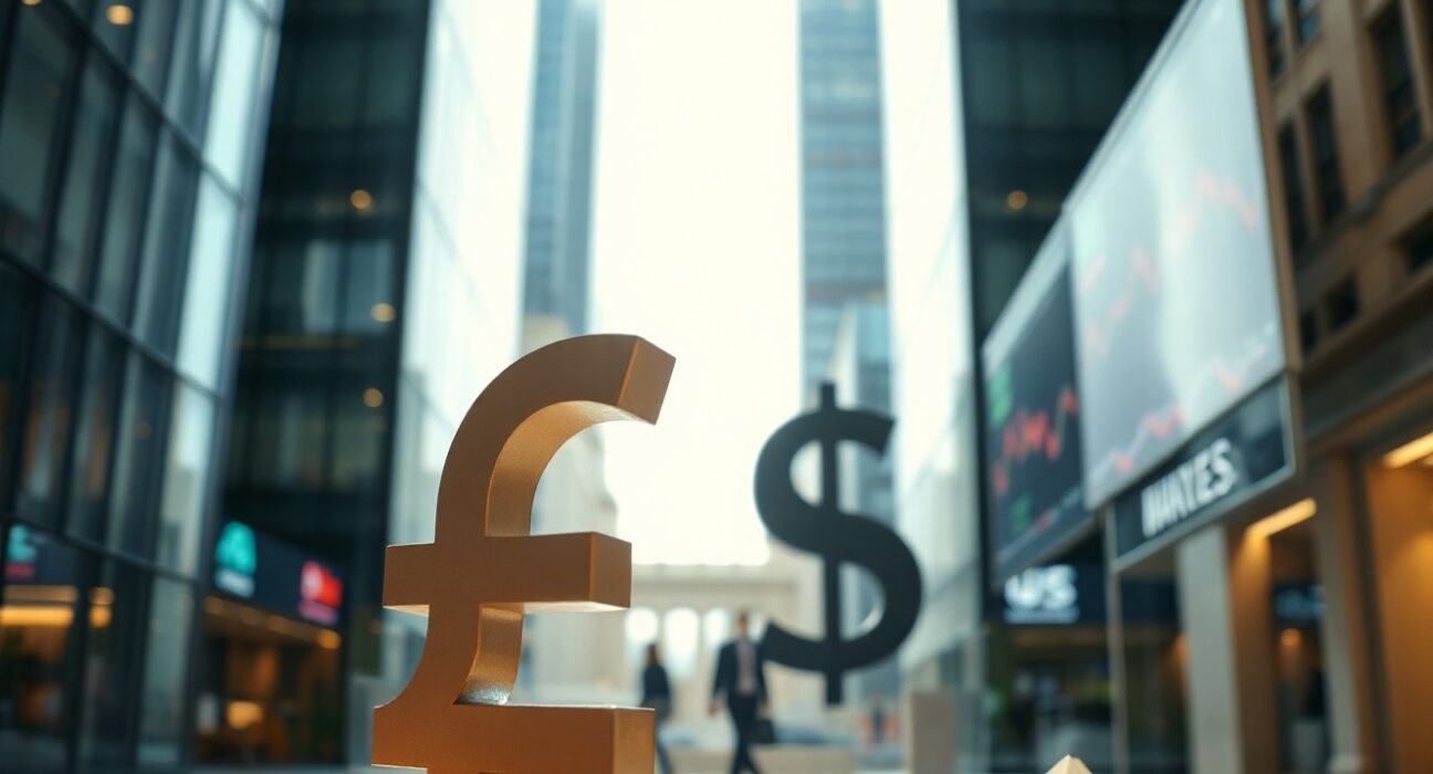 British pound symbol in focus with blurred US dollar in background, representing GBP/USD currency dynamics