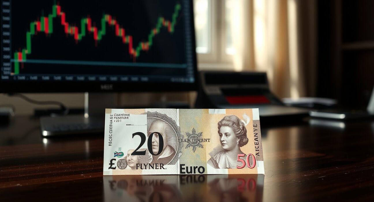 British pound and euro banknotes on a trading desk with a monitor showing a chart in the background.