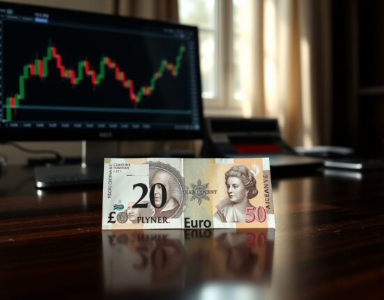 British pound and euro banknotes on a trading desk with a monitor showing a chart in the background.