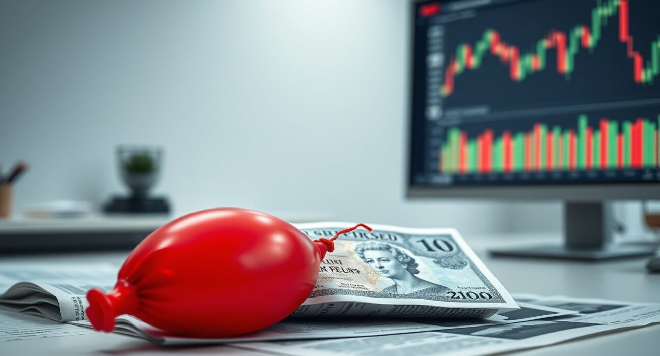 British pound note with deflated red balloon on financial charts symbolizing fragile rally