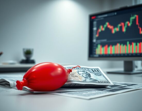British pound note with deflated red balloon on financial charts symbolizing fragile rally