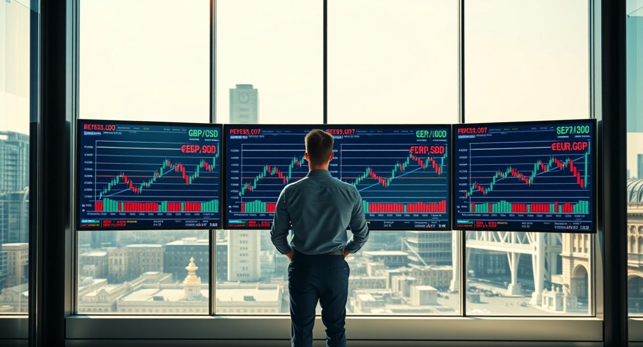 Forex trader analyzing GBP currency charts in a London financial office with improving UK-EU trade relations in the background