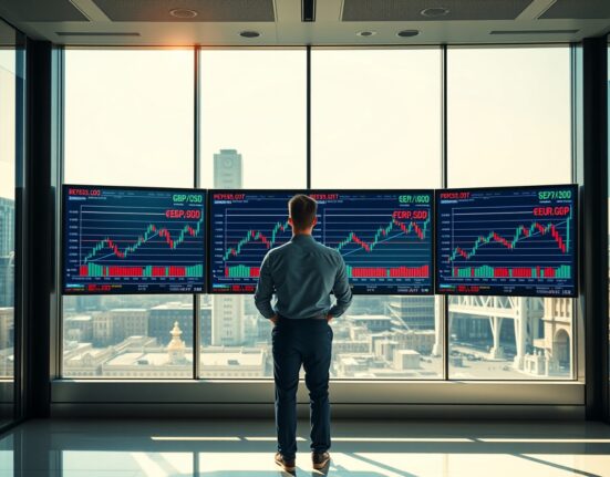 Forex trader analyzing GBP currency charts in a London financial office with improving UK-EU trade relations in the background