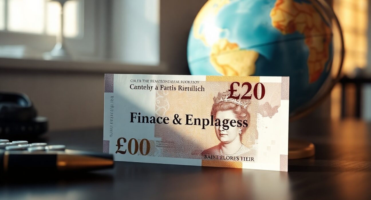 Close-up of a British pound banknote on a desk with a globe in the background, representing currency markets and geopolitics.