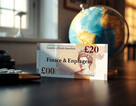 Close-up of a British pound banknote on a desk with a globe in the background, representing currency markets and geopolitics.