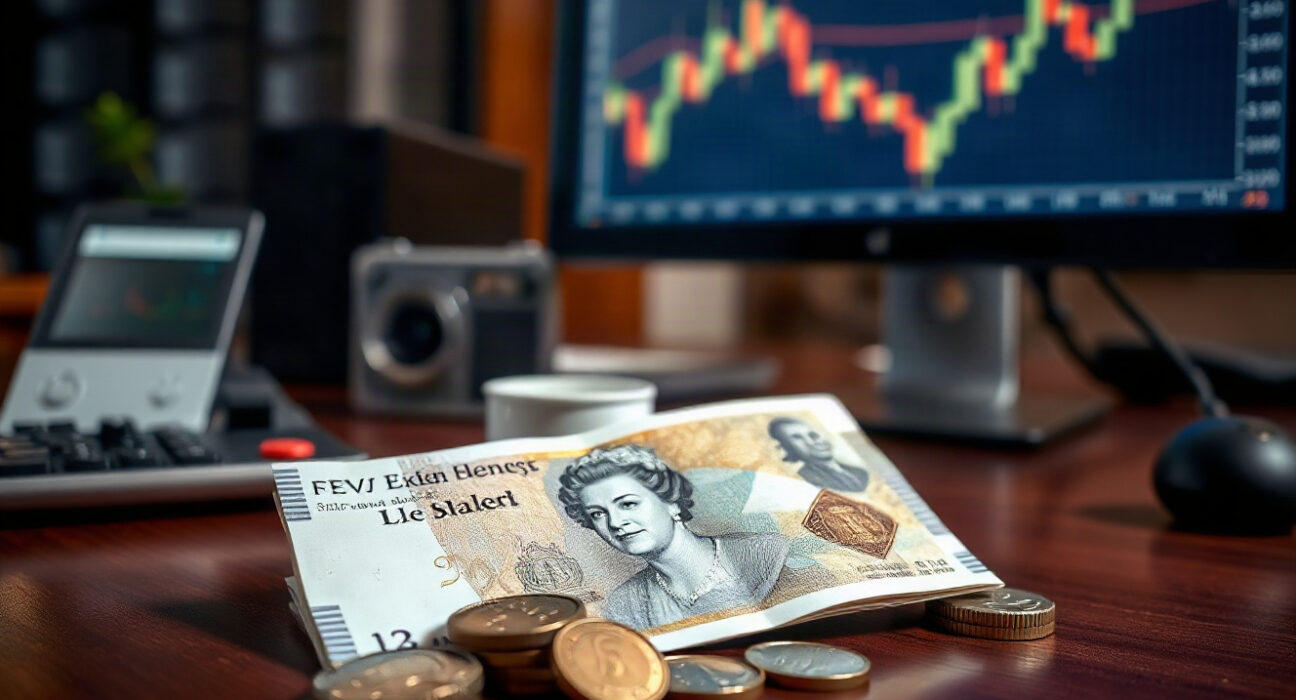 British pound banknotes and coins on a financial desk with a chart in background
