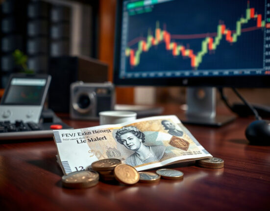 British pound banknotes and coins on a financial desk with a chart in background
