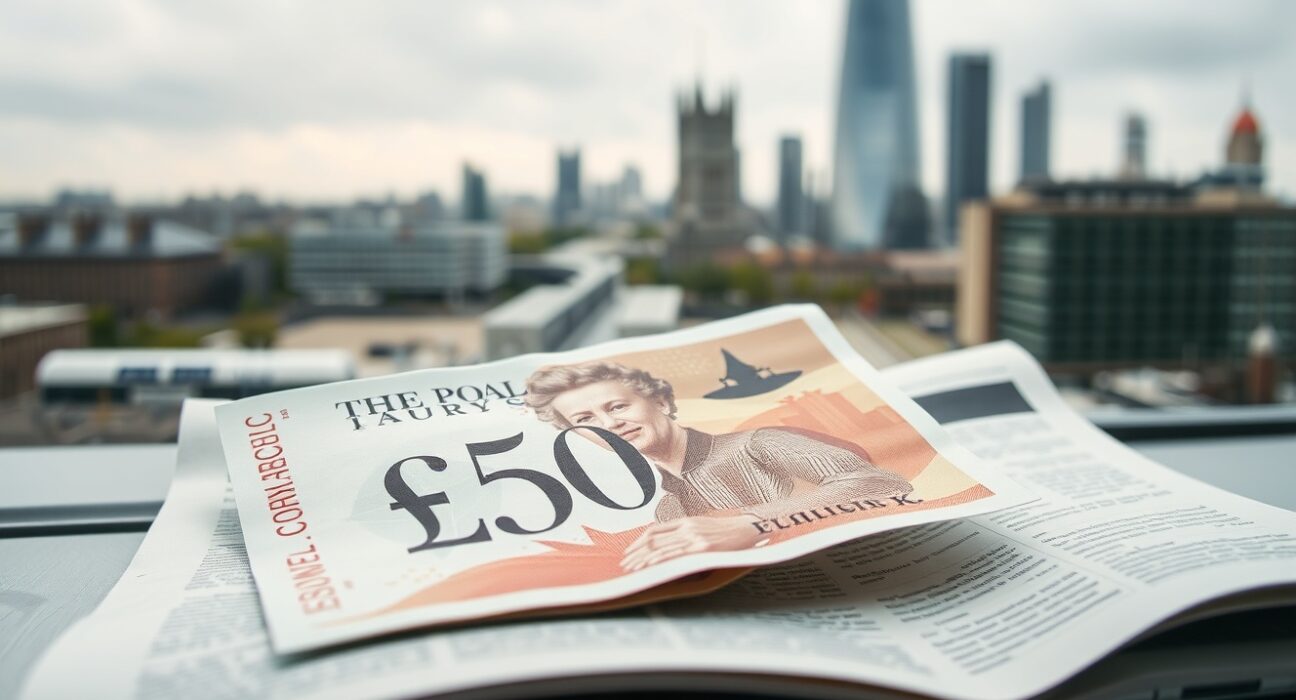 British pound note on financial newspaper with London skyline background