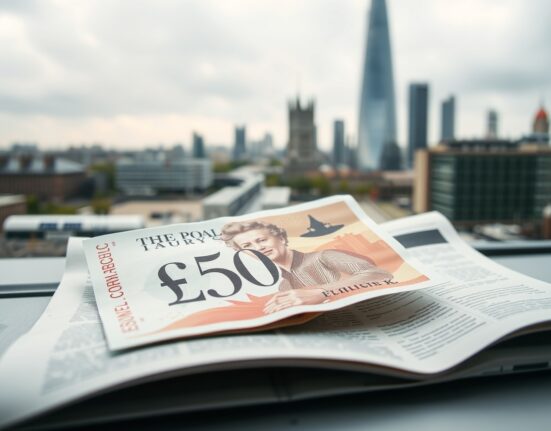 British pound note on financial newspaper with London skyline background