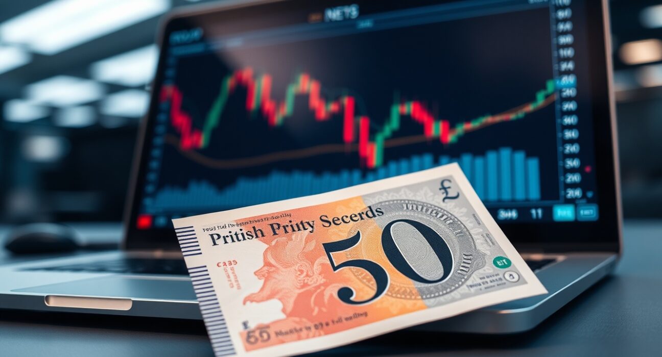 British pound banknote on desk with financial chart on laptop, representing sterling market volatility