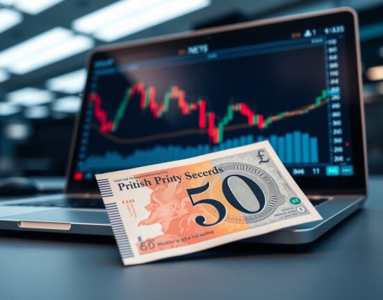 British pound banknote on desk with financial chart on laptop, representing sterling market volatility