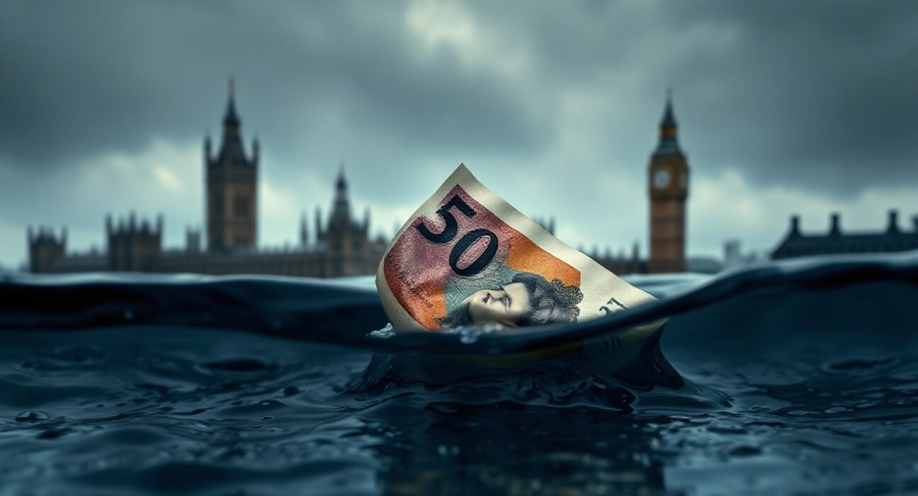 British Pound note partially submerged in dark water with London skyline in misty background