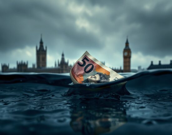 British Pound note partially submerged in dark water with London skyline in misty background
